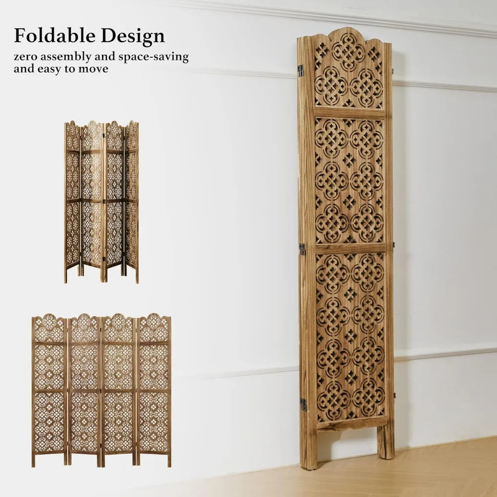 Folding Room Divider, 4 Panels Wood Carved Privacy Screens - Ideal Decorative Partition for Home, Office, Restaurant, B