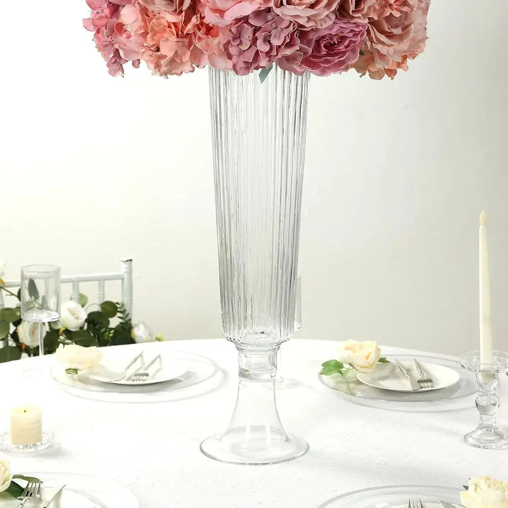 4 Pack Clear Ribbed Glass Trumpet Vases, Heavy Duty Flower Vases for Weddings and Centerpieces - 26