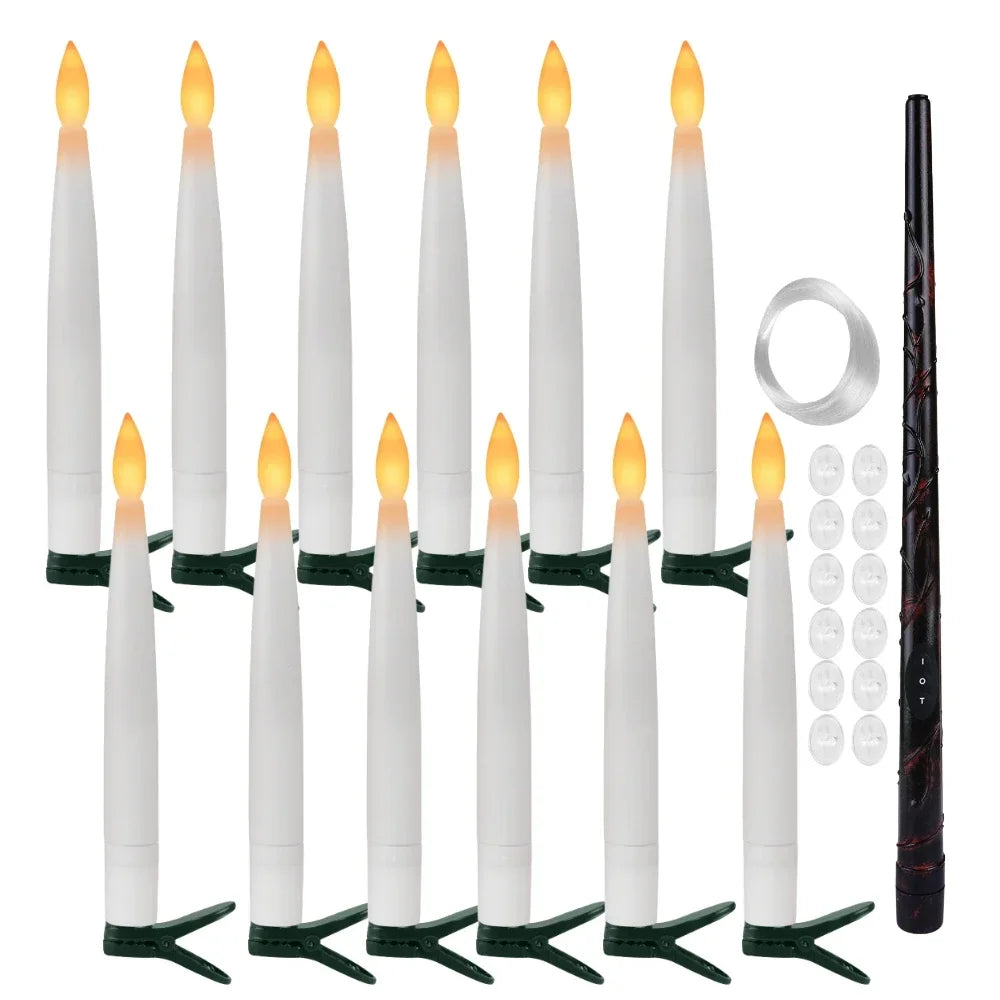 Flameless Taper Floating Candles with Magic Wand Remote Timer Flickering LED Hanging Christmas Halloween Decorations(12 Pack)