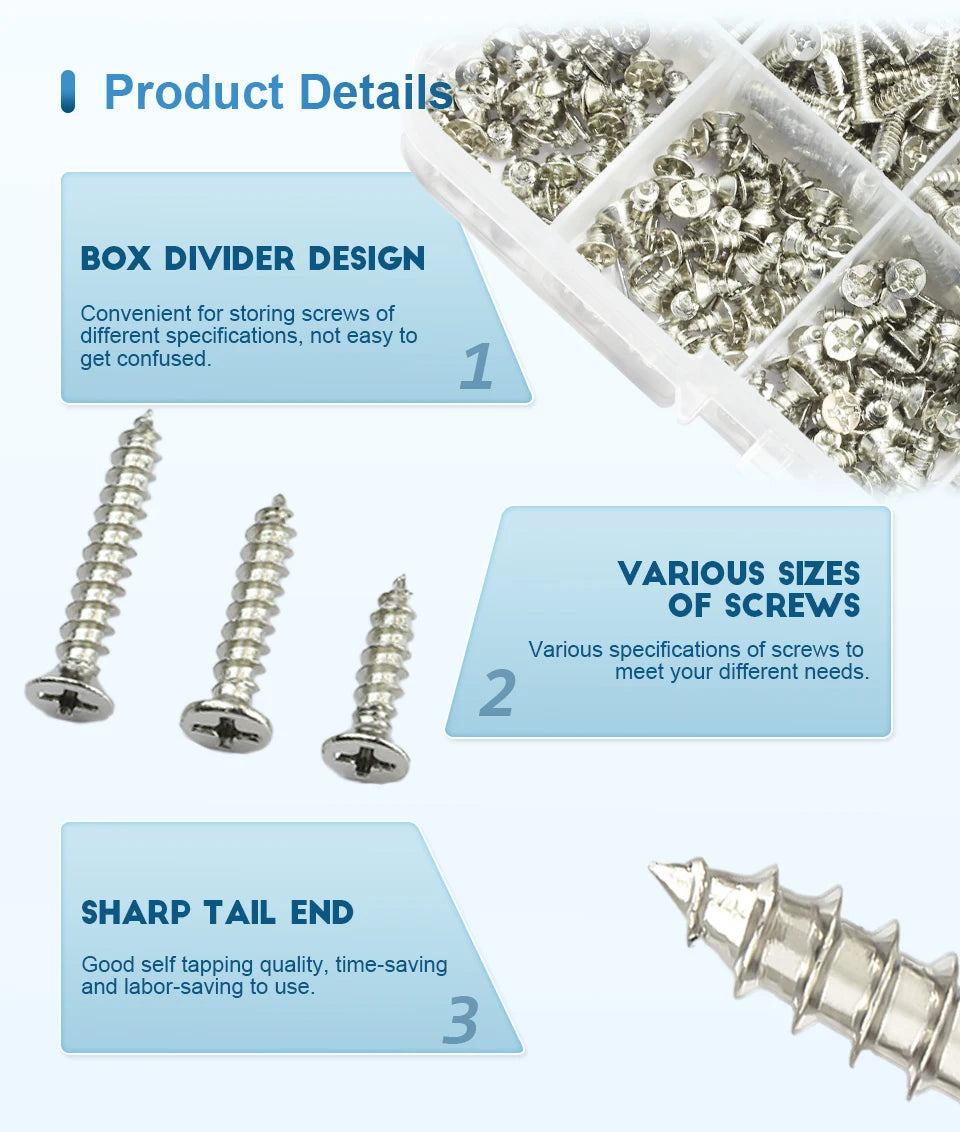 190/450/800/1300pcs Cross Flat Head Self-tapping Screws Set Assortment Kit Nickel Plated M1-M4 Phillips Head Wood Screw