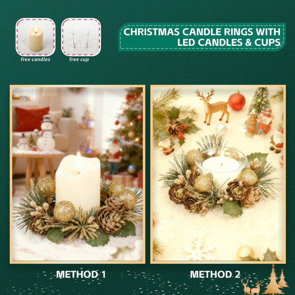 6-Pack LED Candles with Golden Berries & Pinecones Christmas Candle Rings for Table Front Door Cabinet Window in Glass Cup