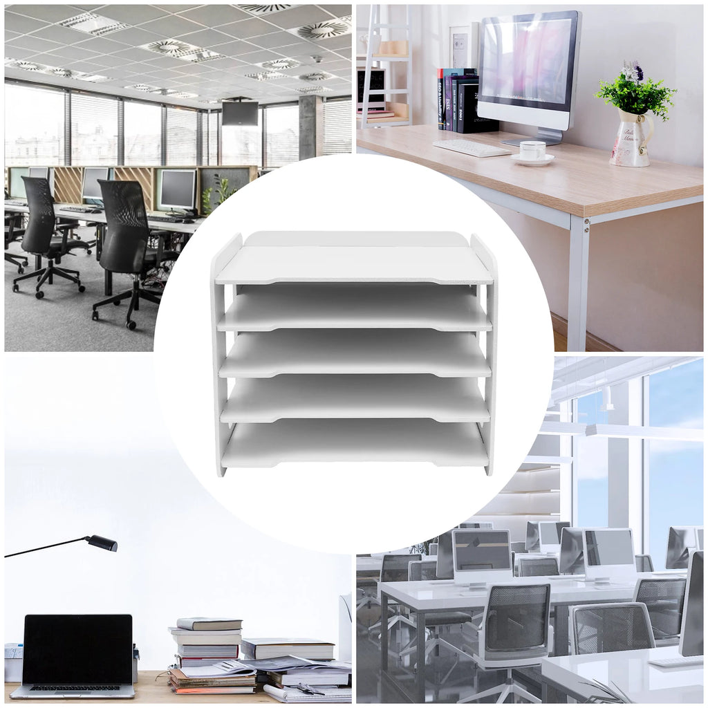 5 Tier PVC Wood-Plastic Desktop Organizer Letter Tray File Rack Stationery Holder Office Desk Storage Shelf with Round Corner