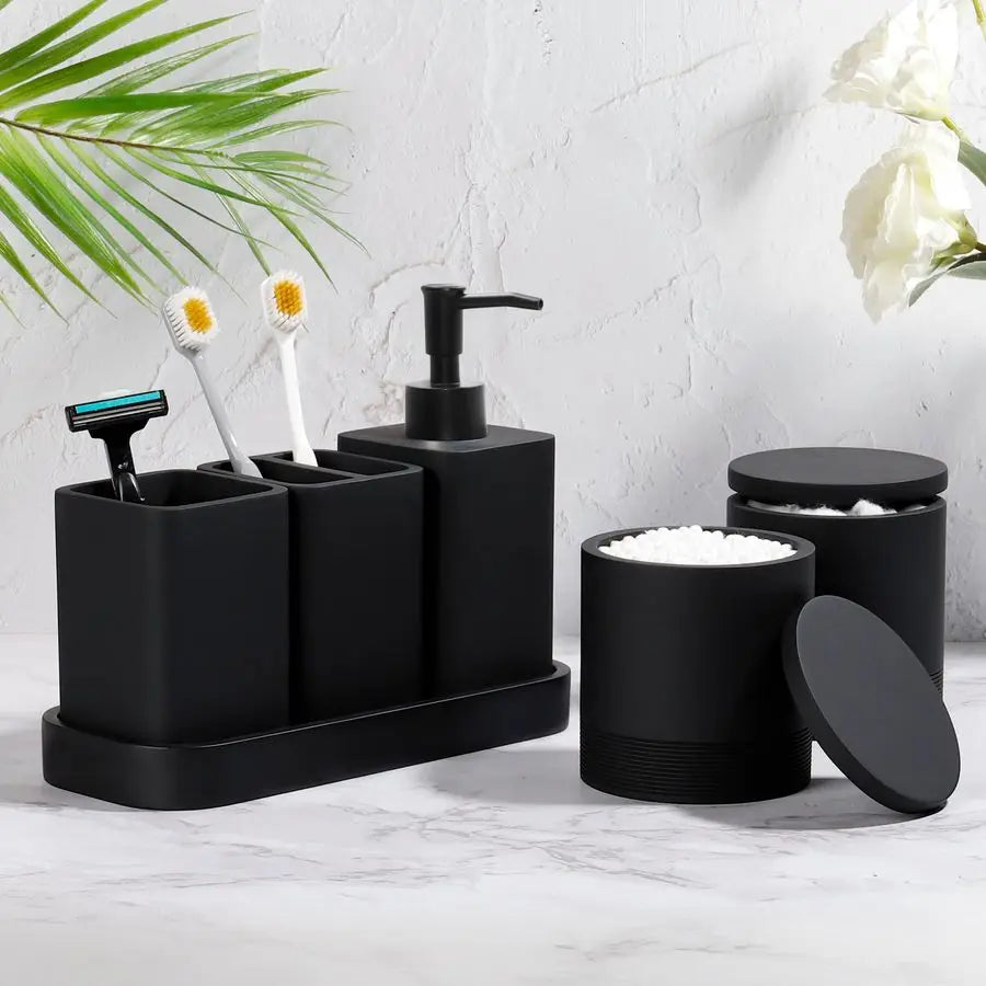 Accessories Set, 6 Piece Bathroom Set with Toothbrush Holders, Soap Dispenser, Vanity Tray, Tumbler, Cotton Swab Jars, Bathroom