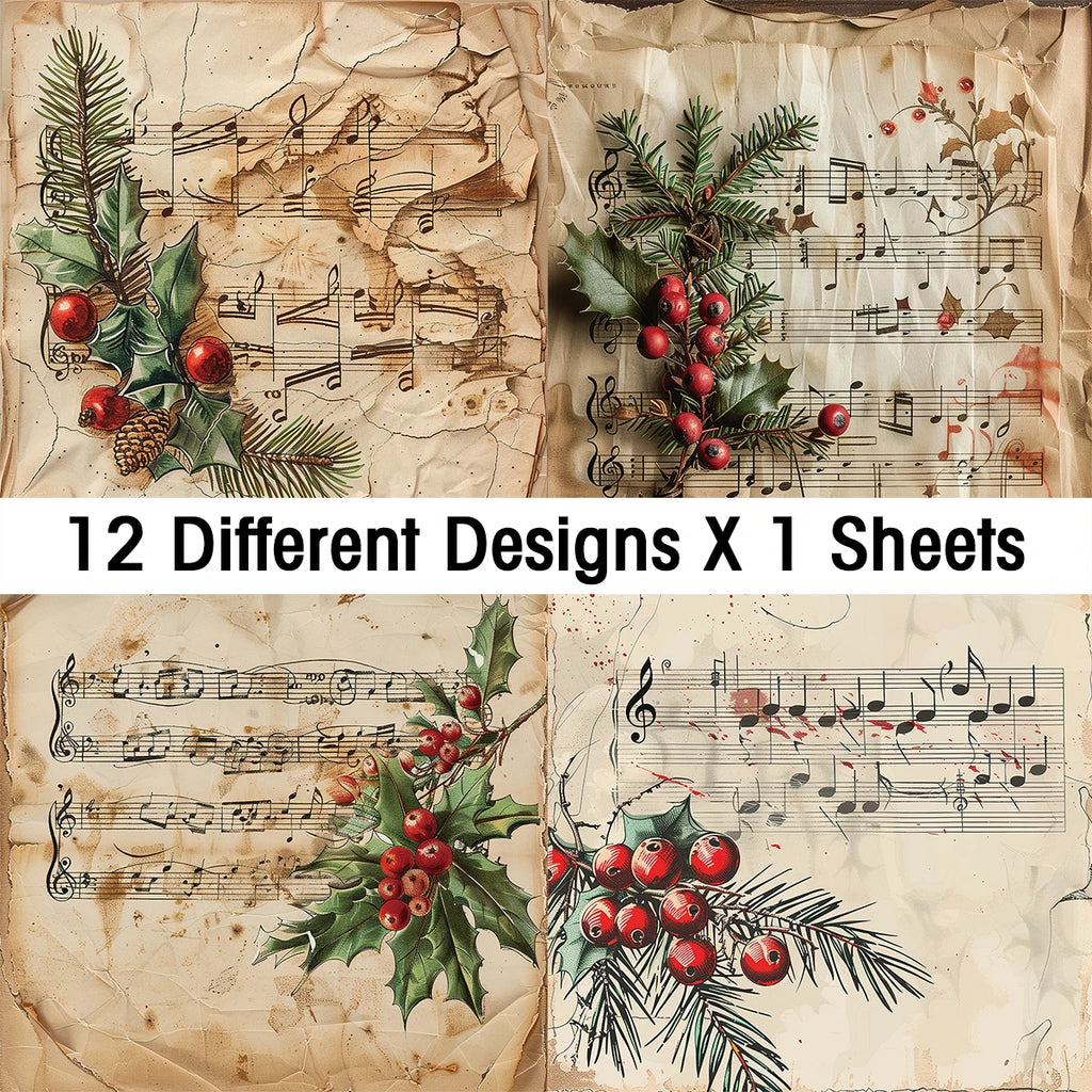 12pc Vintage Christmas Old Music Sheet Scrapbook Paper Set,Retro Christmas Collection Kit Paper for Junk Journal DIY Card Making