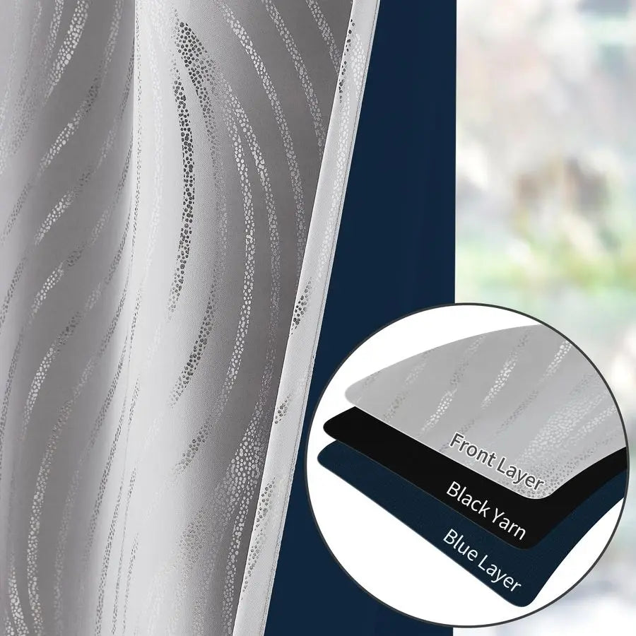 Blackout Curtains Grey and Silver Foil Pattern Curtains 84 Inch Length for Living Room Metallic Silver Wave Print Drapes for Bed