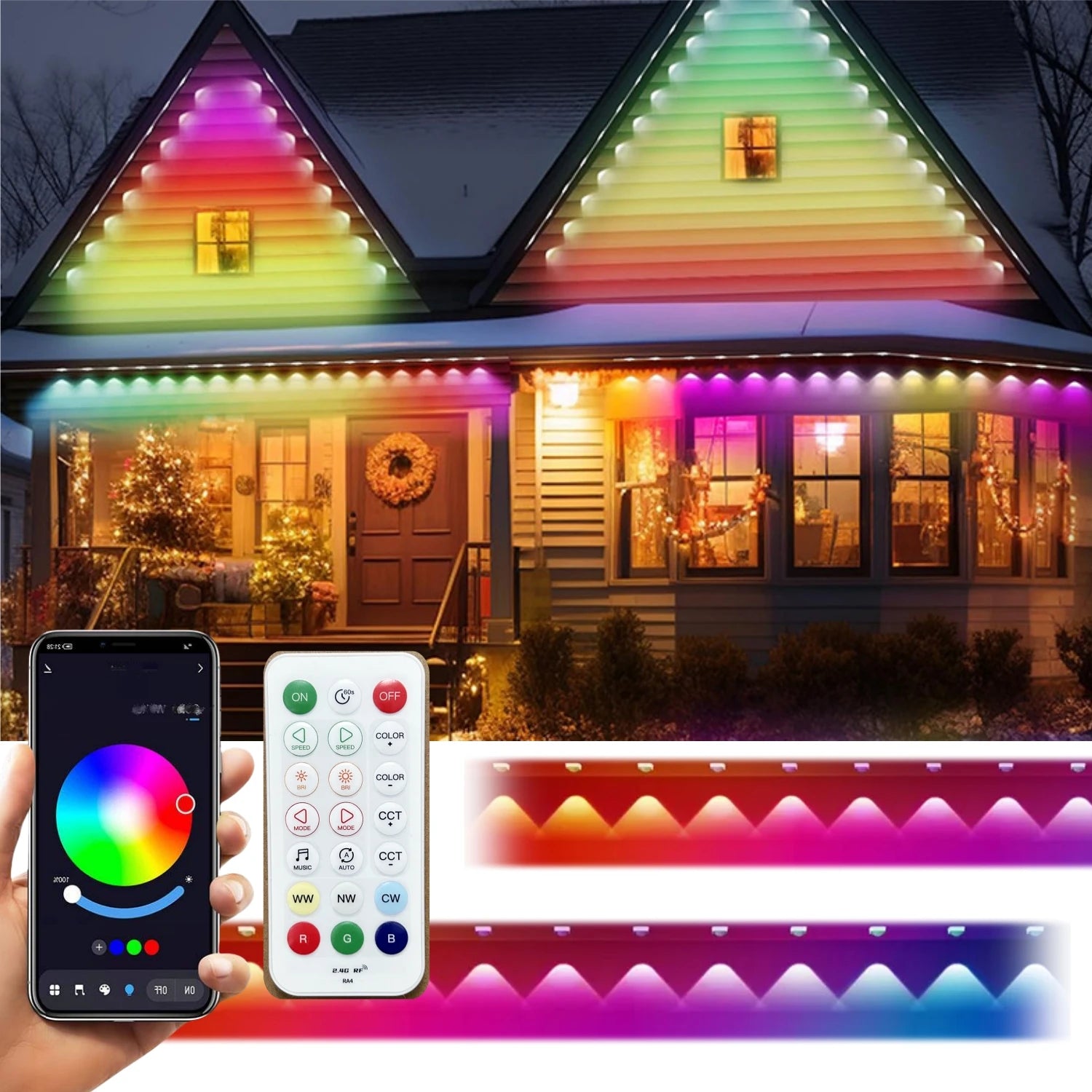 108FT Smart RGBW LED Permanent Outdoor Eave Lights IP67 Waterproof 72LEDs with App/Remote Control for Christmas Holiday Decor