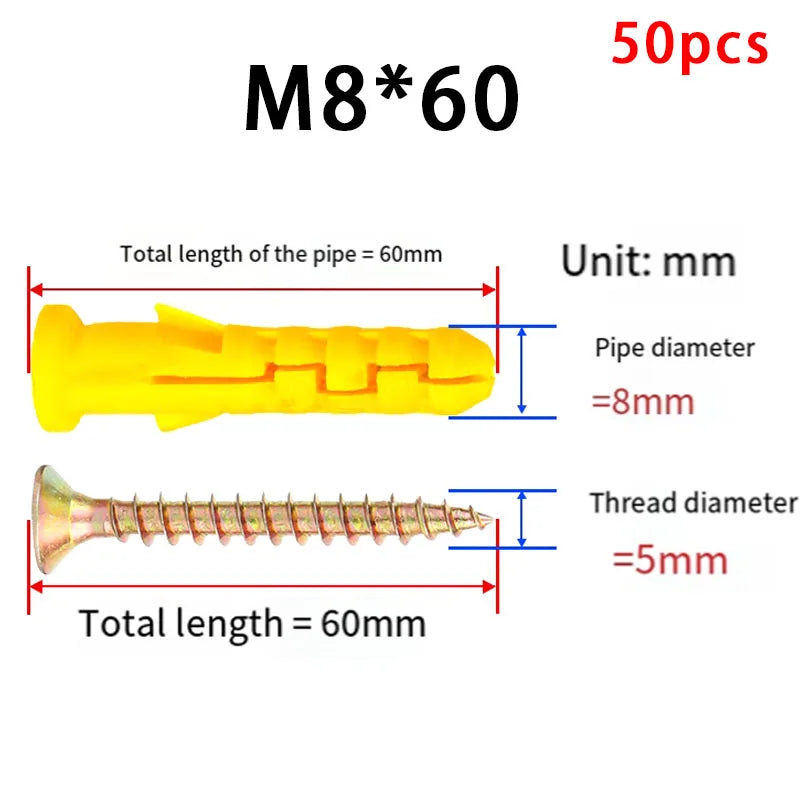 50-Set Drywall Anchor & Screw Assortment Kit Self-Tapping Screws Kit M6 & M8 Stainless Steel Expansion Screws Cross Tips Screws
