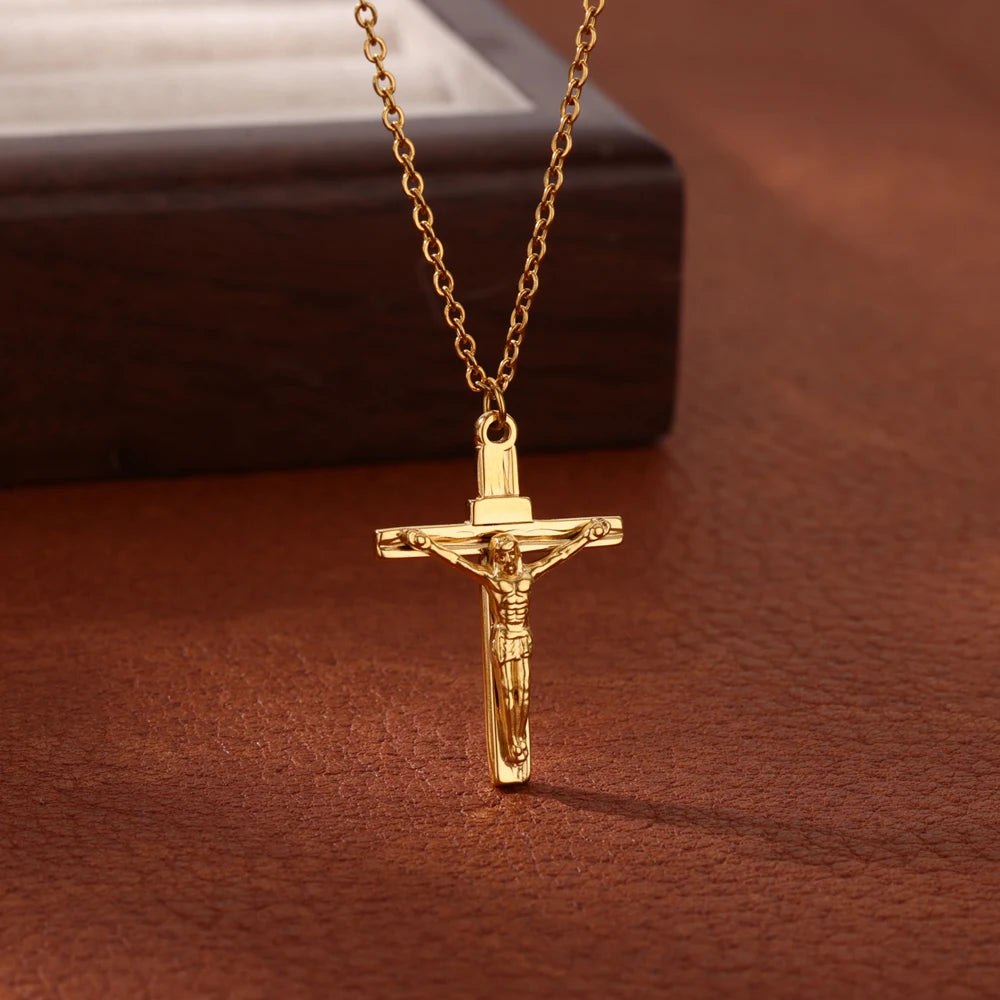 LLX Stainless Steel Jesus Cross Necklace For Women Men Gold Color Caravaca Angels Crucifix Charm Choker Rapper Jewelry Hip Hop G