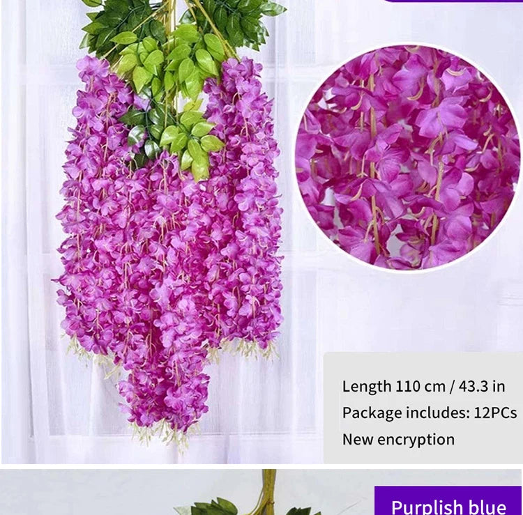 Artificial Wisteria Flower Hanging Garland, Rattan Fake Flower, String Flower, Wedding Party, Garden,  Home Wall Decor, 12PCS