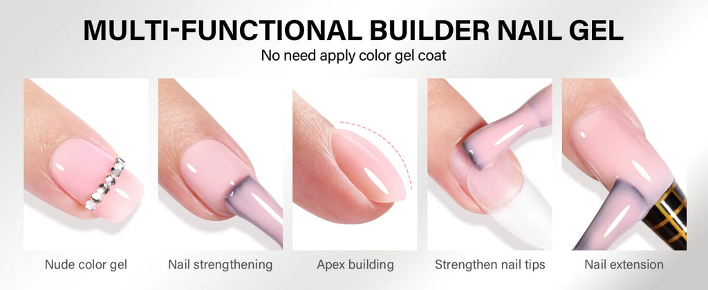 Builder Nail Gel, 7-in-One Clear Builder for Nails, LED Lamp Cured Rubber Base Gel Polish Coat Strengthener Thickening Extension