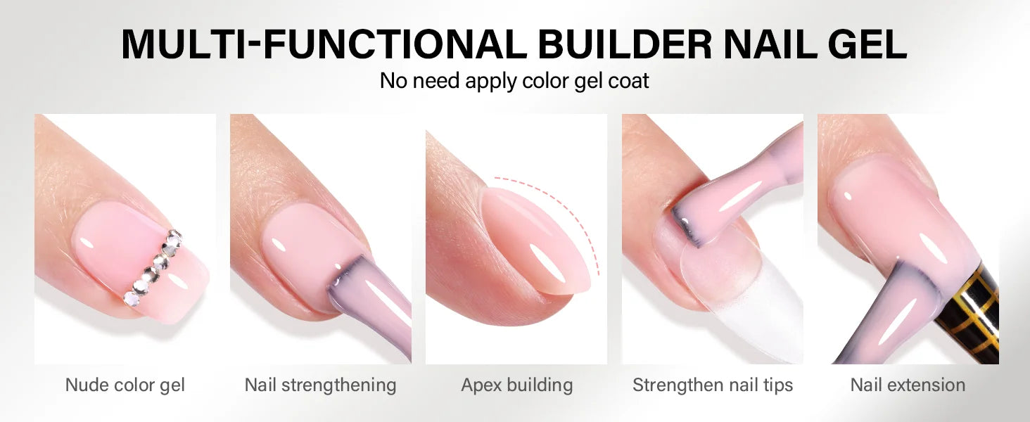 Builder Nail Gel, 7-in-One Clear Builder for Nails, LED Lamp Cured Rubber Base Gel Polish Coat Strengthener Thickening Extension