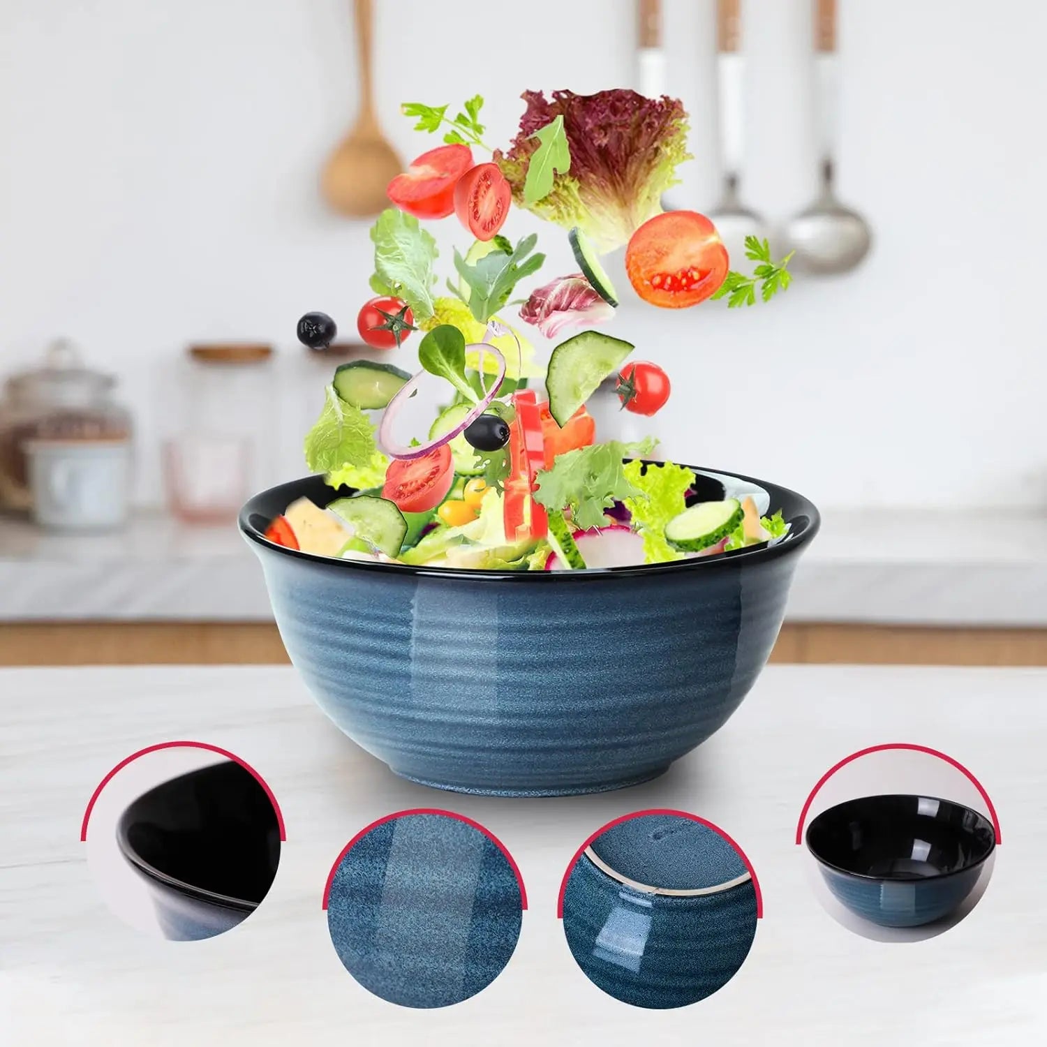 Ceramic Mixing Bowls Set, 3 Nesting Bowls for Kitchen Baking and Serving, Microwave Safe Blue Design