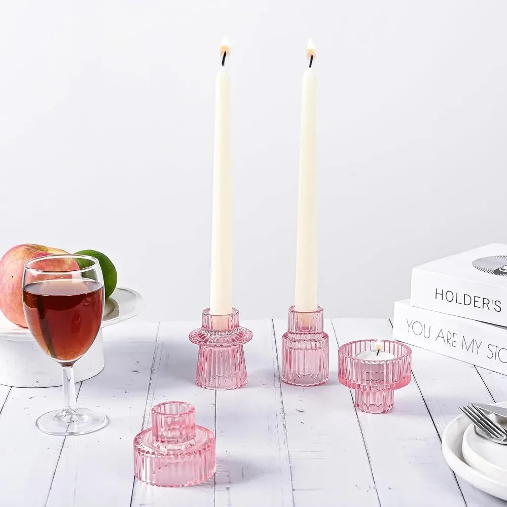 Glass Taper Candle Holder Short Small Boho Ribbed Votive Candlestick Holder for Table Centerpiece Wedding Decor and Dinner Party