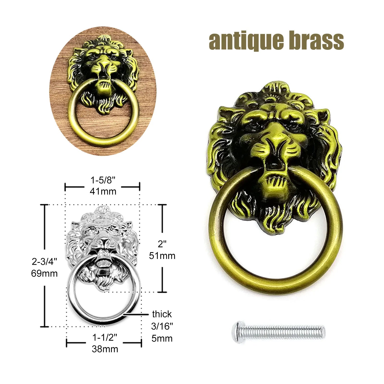 1/2/4/6pcs Lion Head Shape Single Hole Jewelry Chest Box Cabinet Cupboard Dresser Drawer Handle Pull Knob Ring 4 color 41x69mm