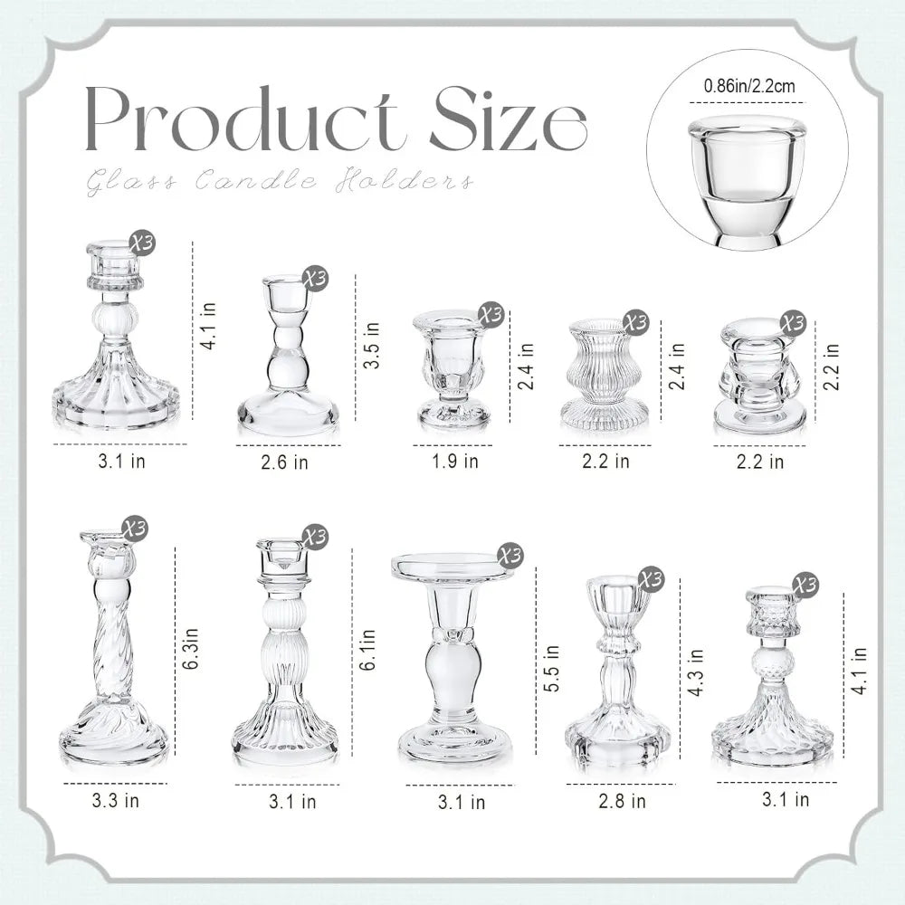 Crystal Taper Candle Holders - 30 Pack Clear Glass Candlestick Holders for 0.8 Inch Candles, Decorative Crystal Candle Accessori