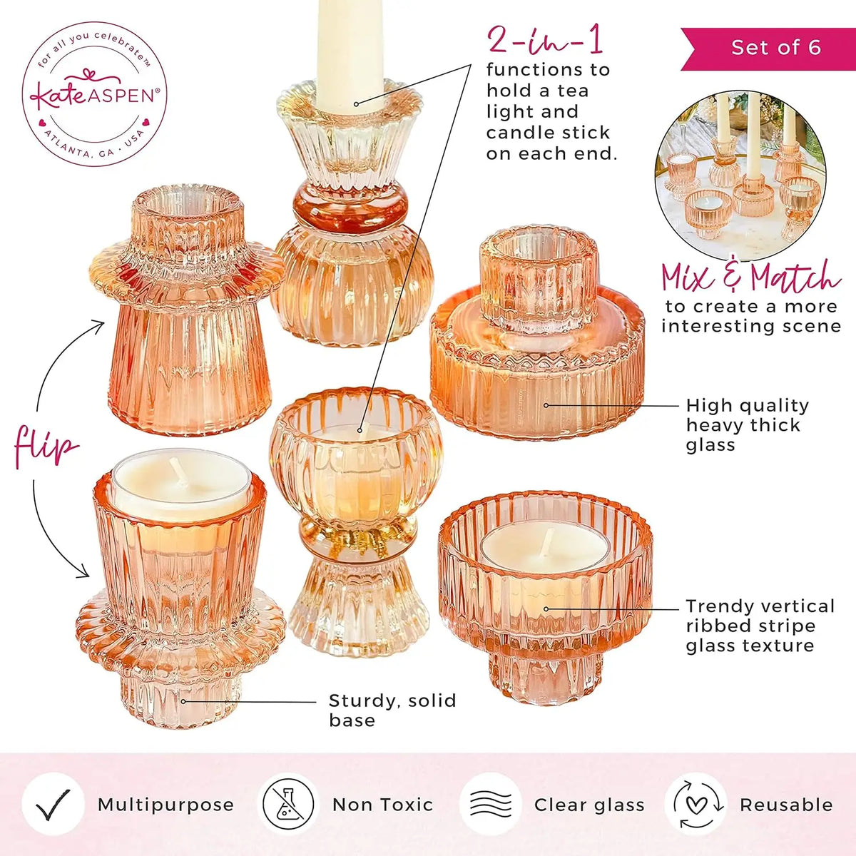 Vintage Ribbed Glass Candle Holders Set of 6, Assorted Sizes for Dining Table and Shelf Decor