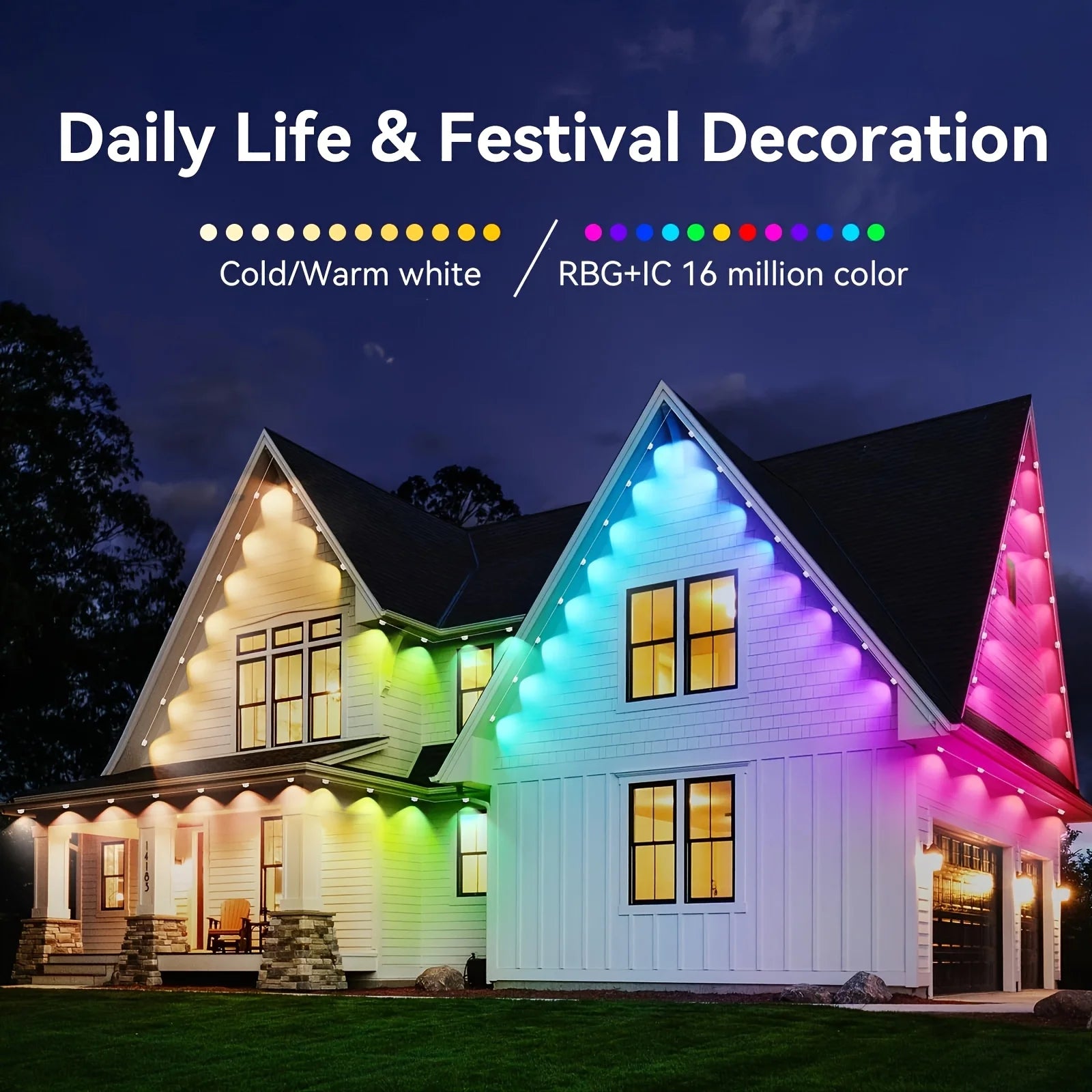 2pcs 100ft Roof Light - 72 RGB+IC LEDs, IP67 Waterproof, Smart Color Control, Christmas Outdoor Decor