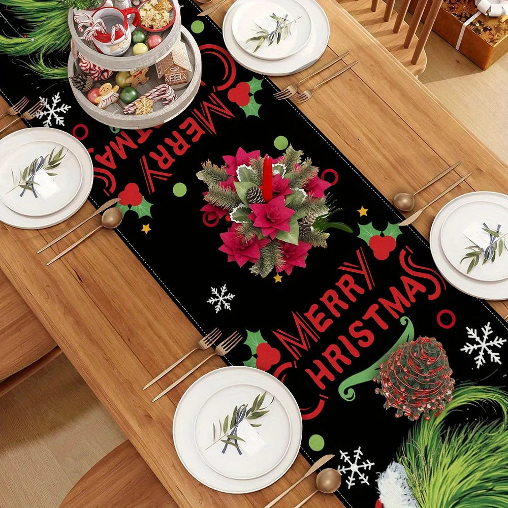 Christmas Table Runner with Grinch, Snowflake & Merry Christmas Pattern, Multiple Sizes, for Christmas Home Decoration and Gifts