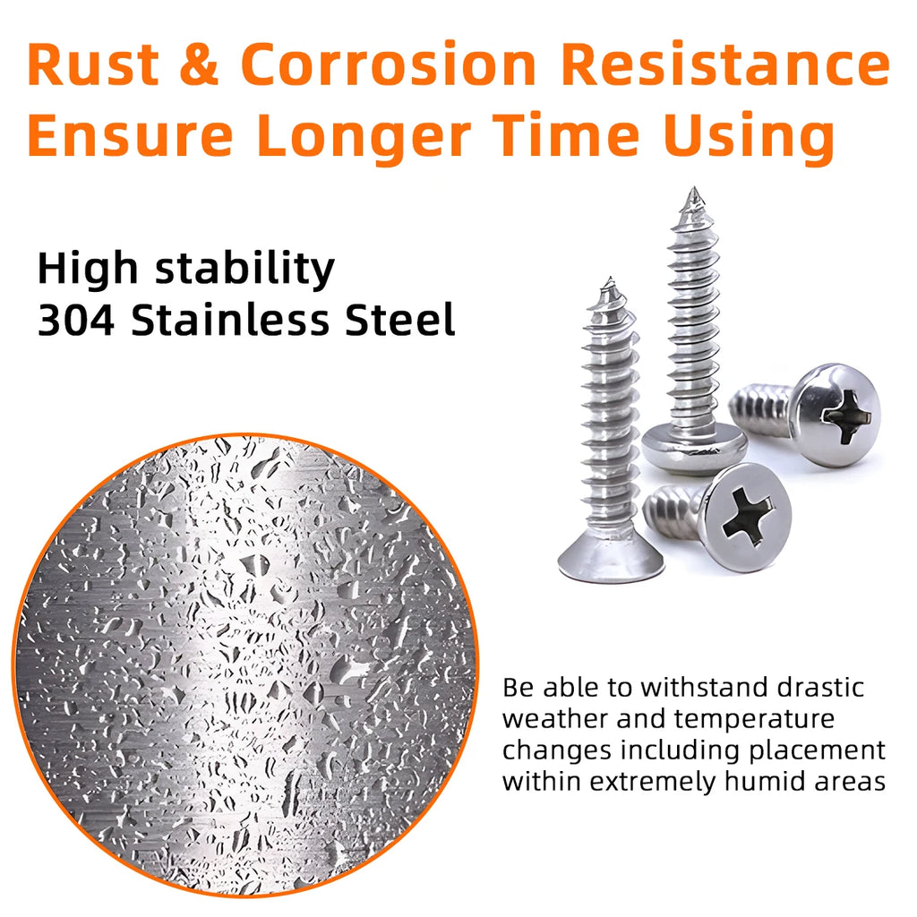 570Pcs Self Tapping Screws Set, 304 Stainless Steel Sheet Metal Screws Kit, Phillips Drive Wood Screw Assortment