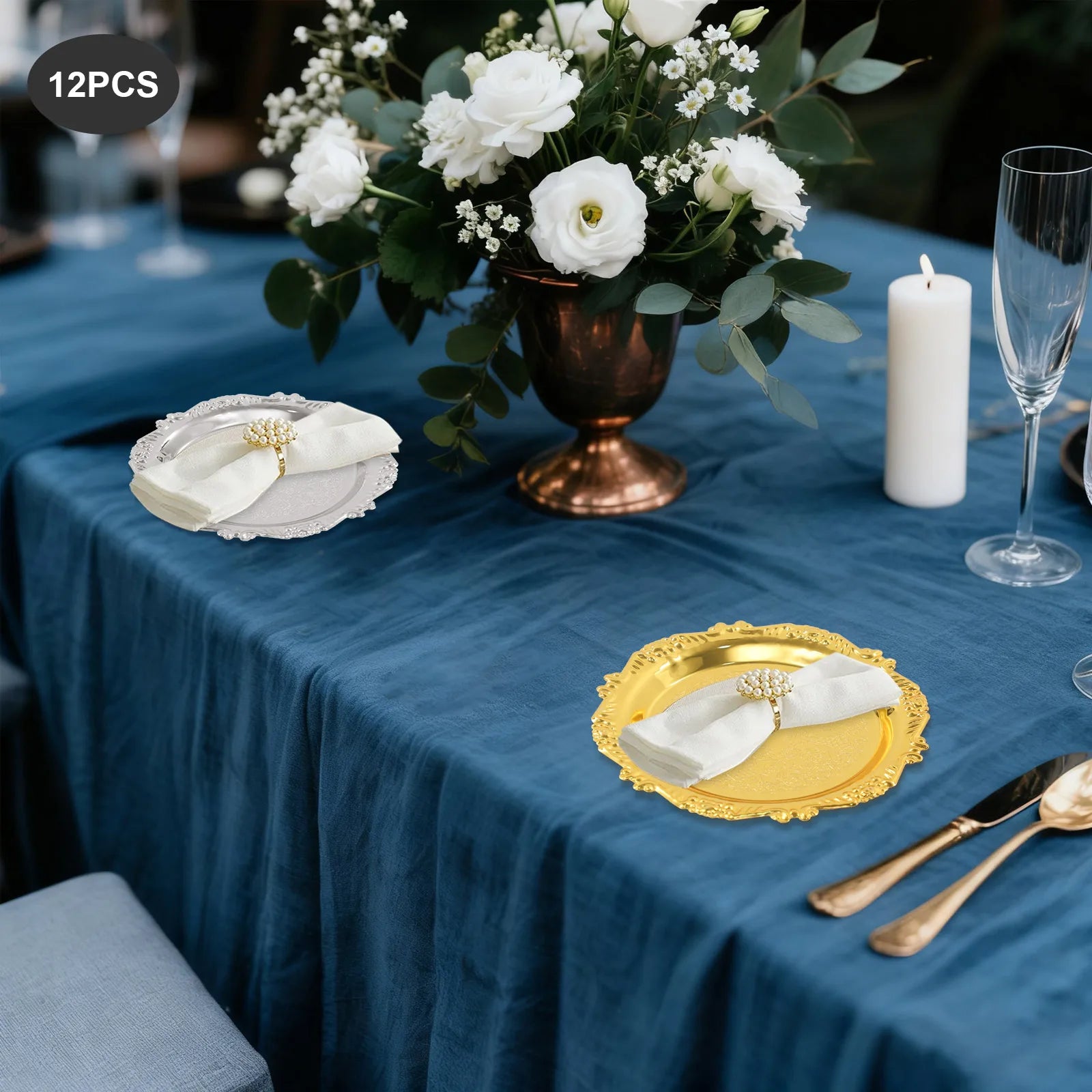 6PCS Gold/Silver Serving Tray Round Metal Snack Plate Restaurant Tray Plate Jewelry Display Tray for Birthday Wedding Banquet