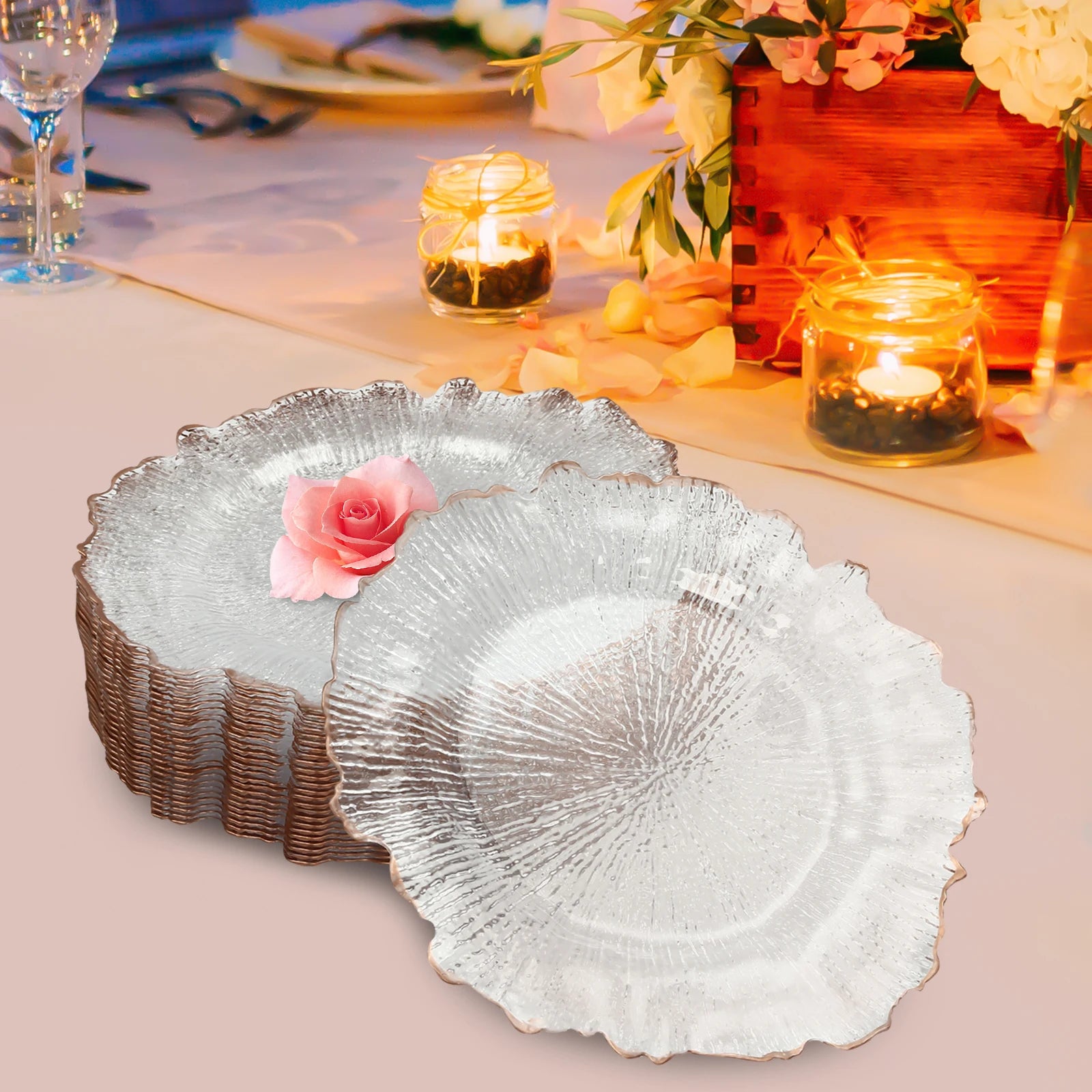 Clear Charger Plates 25 Pieces Rose Gold Flower Shape PS Hot Stamping Dinner Table Charger Plates