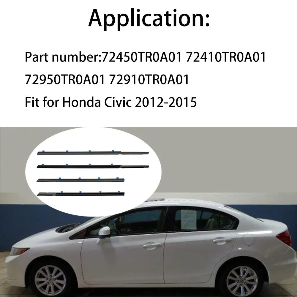 4Pcs For Honda Civic 2012-2015 Windows Rubber Weatherstrip Waterproof Pressure Strip Sealing Belt Moulding Trim 72410TR0A01 