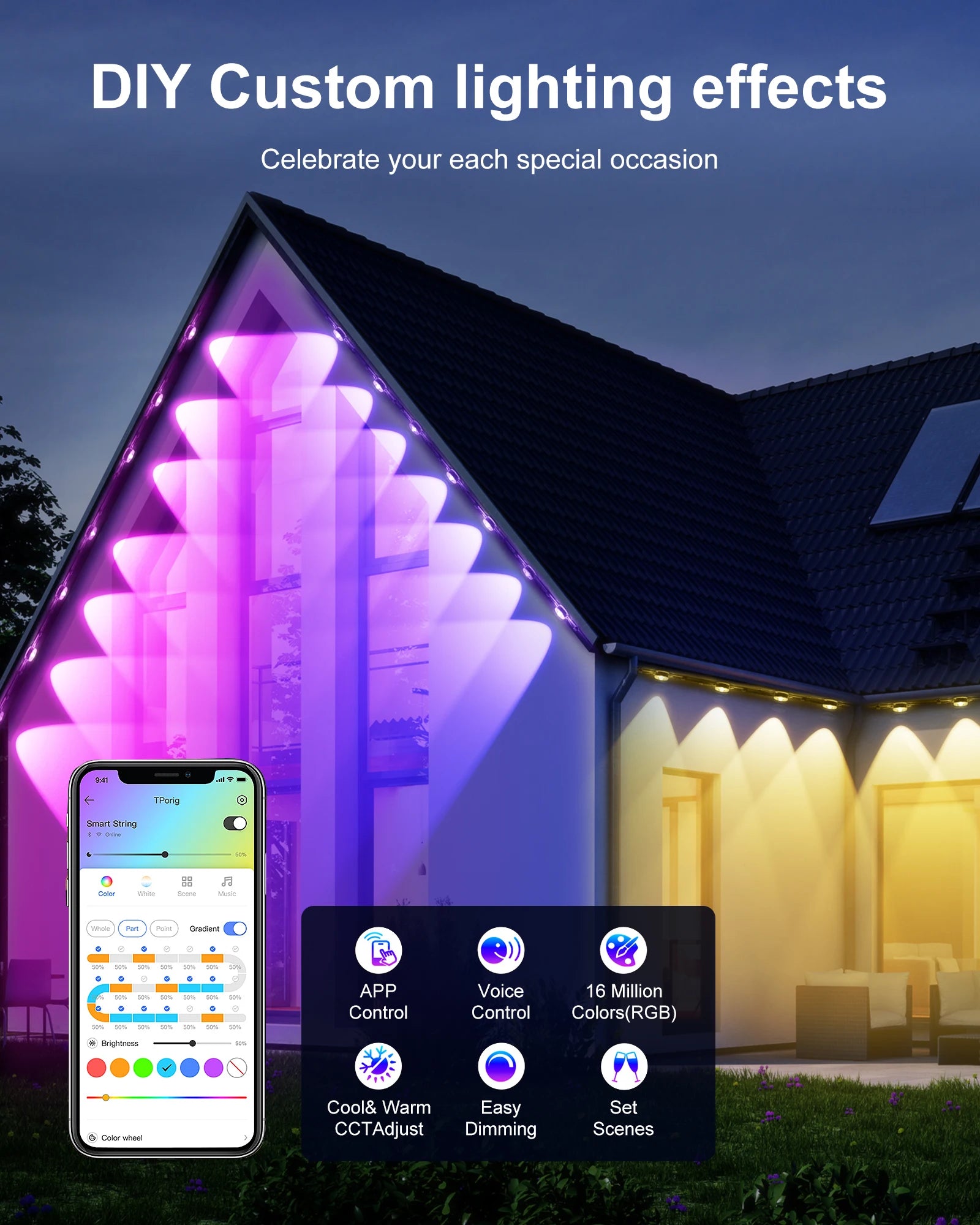 100ft/150ft Smart RGBIC Permanent Outdoor Lights for House, Waterproof Eaves Lighting with 72 Scene Modes for Christmas Party