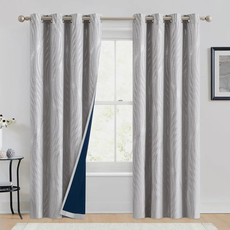 Blackout Curtains Grey and Silver Foil Pattern Curtains 84 Inch Length for Living Room Metallic Silver Wave Print Drapes for Bed
