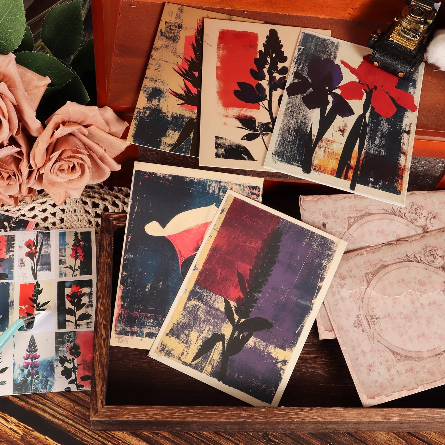 16cards, 4envelopes, 36stickers Floral Botanical Double-sided Writable Thick Cardboard Set, for Scrapbooking Supplies, Crafts