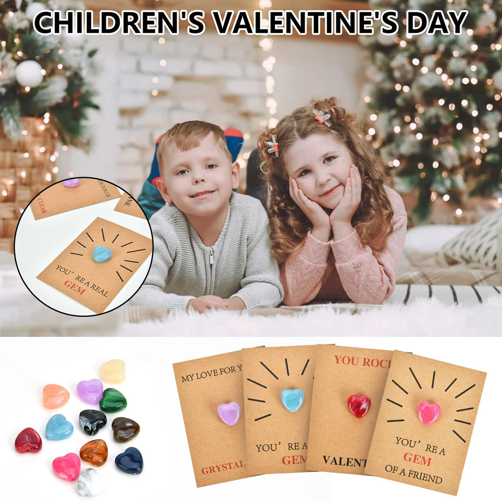 24 Pack Valentine Exchange Card with Heart-Shape Crystal Stone Valentines Cards for Boys Girls School Classroom Party Favors