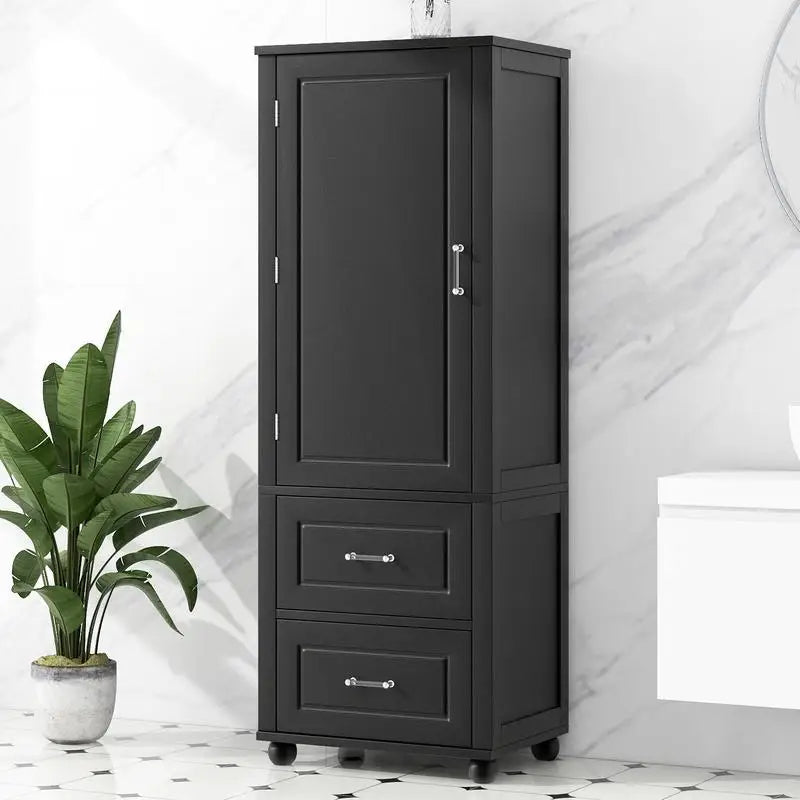 Freestanding Tall Bathroom Storage Cabinet with 2 Drawers and Adjustable Shelf, MDF Board with Painted Finish, Black