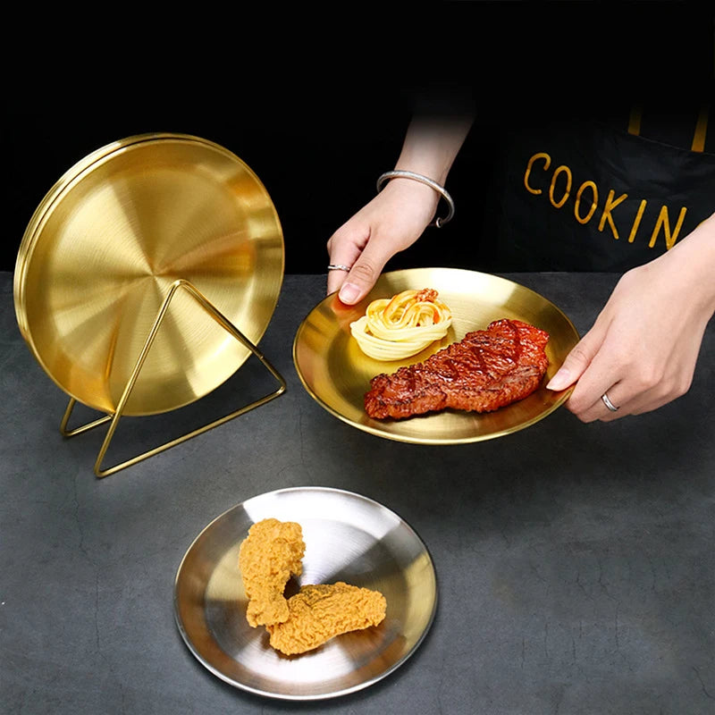 Kitchen Utensils With Shelves Gold Silver Stainless Steel Circular Plates Trays Shallow Bottom Rust Proof Plates Picnic Plate