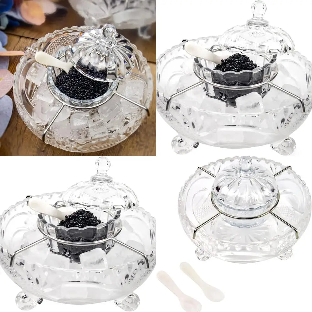 Luxury Caviar Serving Kit with Glass Bowl & 2 Pearl-Handled Spoons for Gourmet Delights
