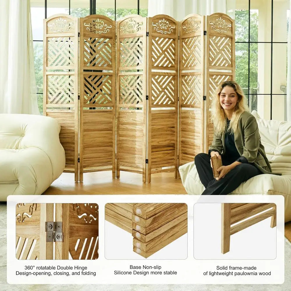 68.9 Natural Wood Carved Louvered 6-Panel Folding Room Divider with Shelves for Home Office