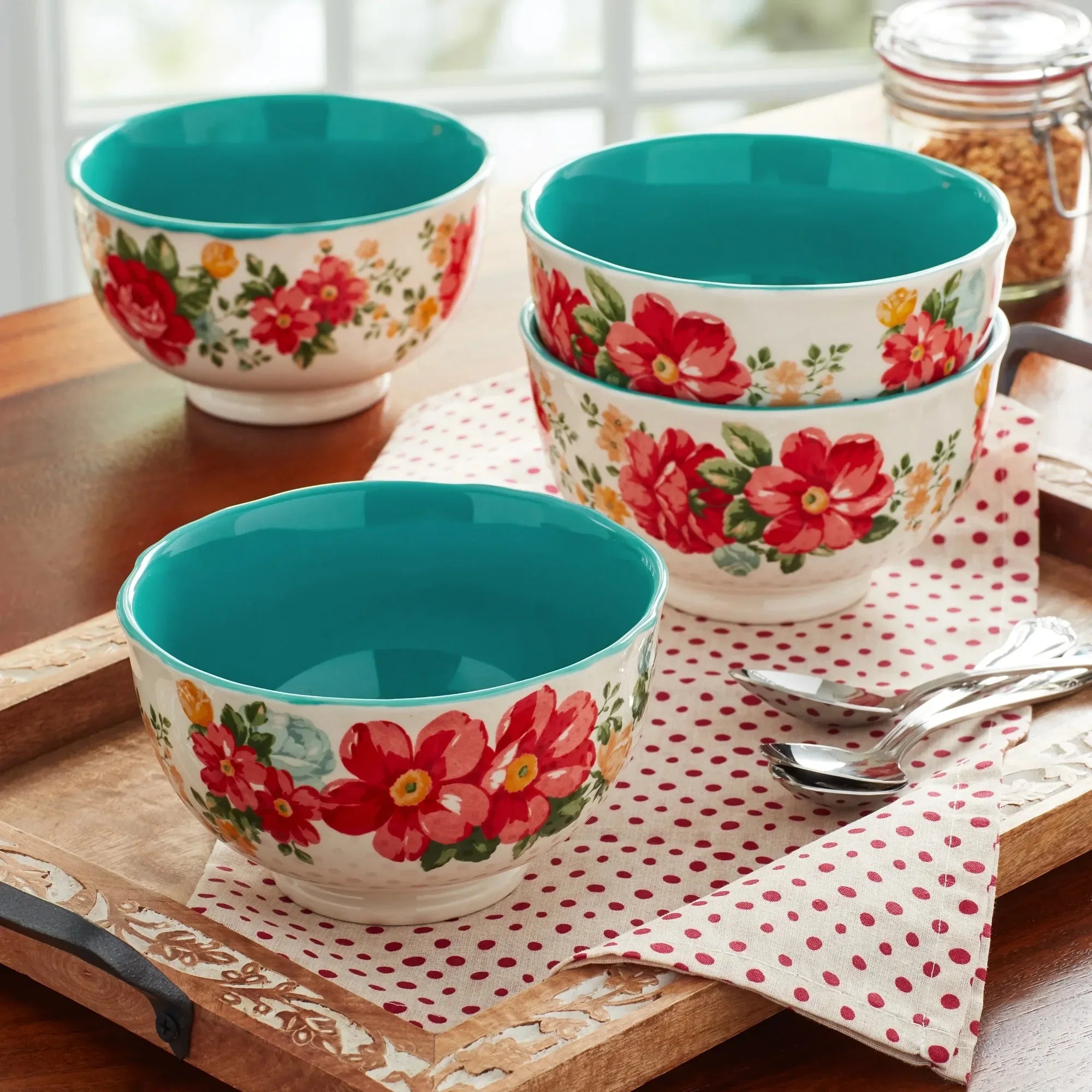 Vintage Floral Teal Footed Bowls, 4-Piece Stoneware Set | Microwave & Dishwasher Safe, Mix & Match Collection