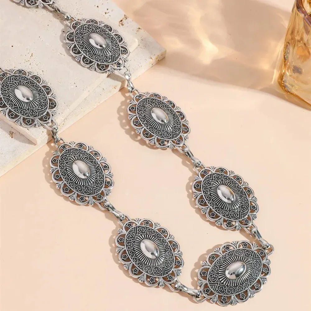 Retro Style Women'S Metal Waist Chain Accessories Decorative Circle Carved Chain Belt High Style Accessories
