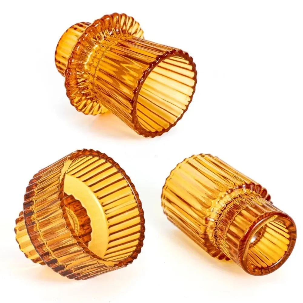 Glass Taper Candle Holder Short Small Boho Ribbed Votive Candlestick Holder for Table Centerpiece Wedding Decor and Dinner Party