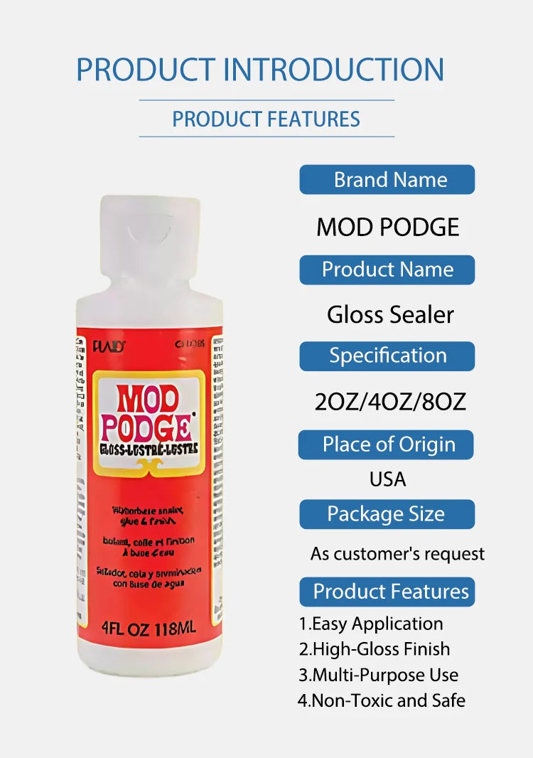 Original Mod Podge Gloss Sealer Glue and Finish Quick Dry Easy Clean Non-Toxic Craft Glue for Wood Paper Fabric 2oz/4oz/8oz