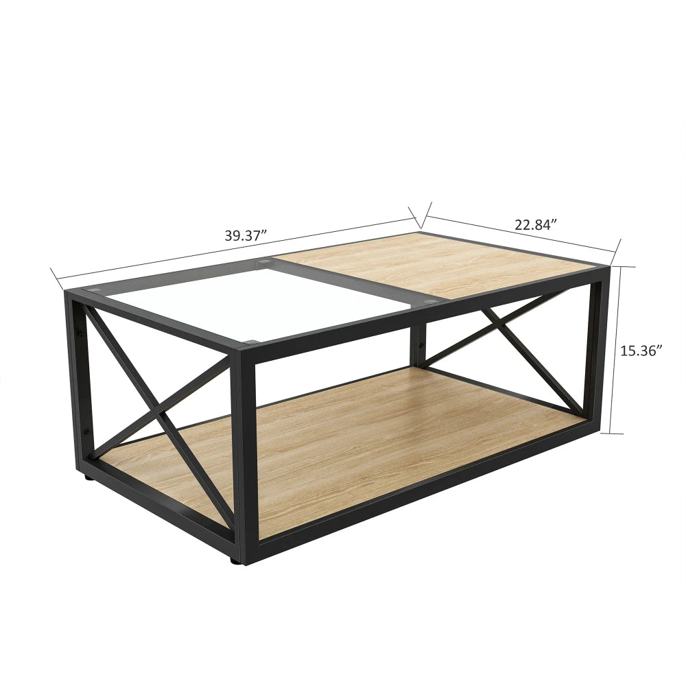 Modern coffee table for Bedroom & Living Room, Tempered Glass&Rustic Wood Grain MDF, Industrial Style coffee table