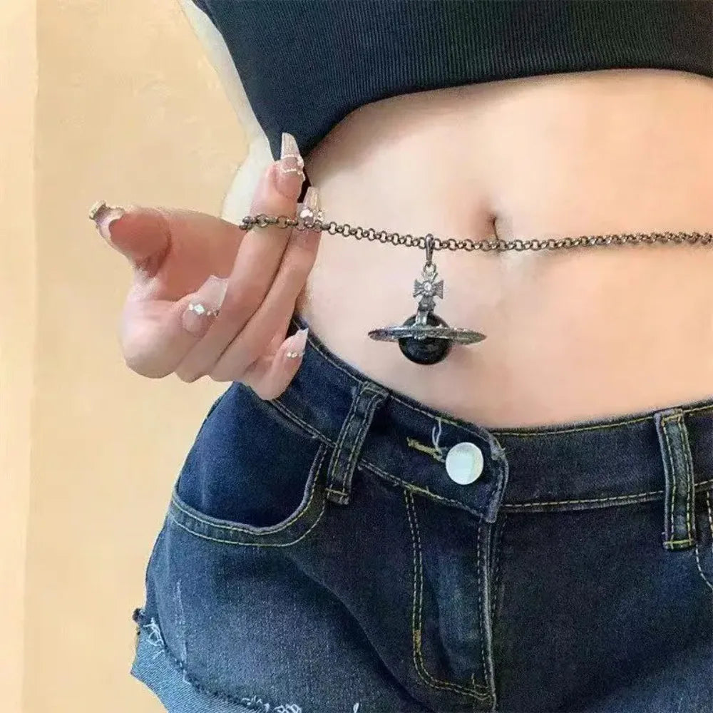 3D Black Saturn Waist Chain | Light Luxury Body Jewelry for Women's Waist Decor