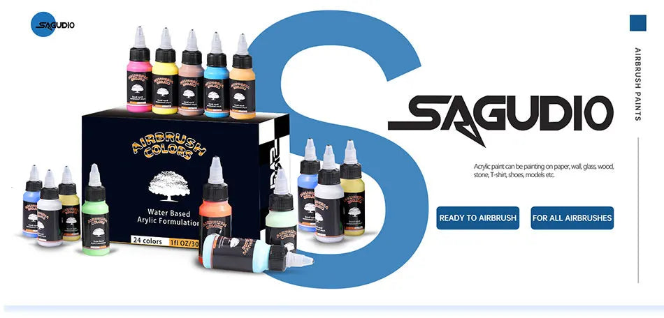 SAGUD Airbrush Paint Set 12/24 Colors 30ML Opaque & Water Based Fluorescent Acrylic Paint for Shoes Nails Art DIY Model Painting