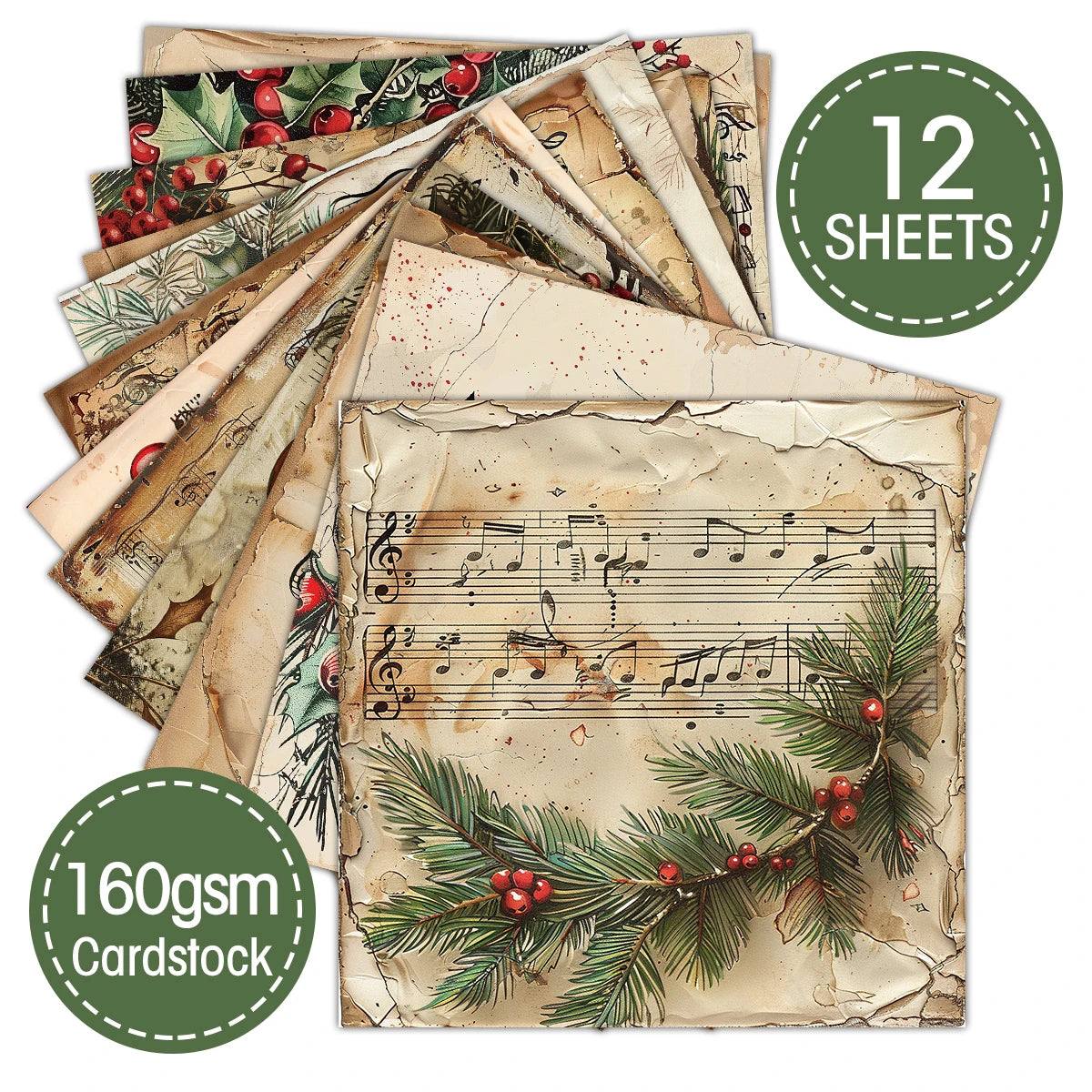 12pc Vintage Christmas Old Music Sheet Scrapbook Paper Set,Retro Christmas Collection Kit Paper for Junk Journal DIY Card Making