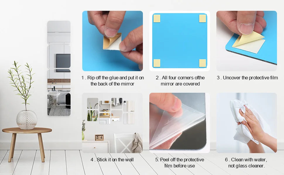 3D Mirror Wall Sticker DIY Square Acrylic Decal 2mm Full Body Wall Mirror Stickers for Bedroom Living Room Home Decor 2/4pcs