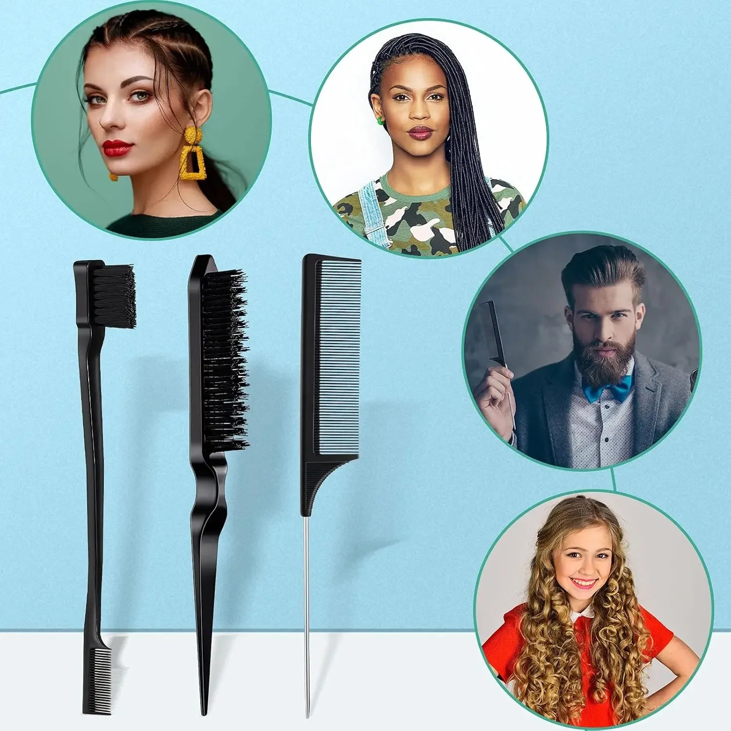 5-Piece Hair Styling Set: Curl Define Styling Brush Curved Rat Tail Comb Edge Control Brush-Perfect for Salon-Quality Results