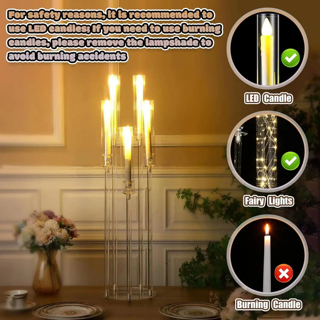 4Sets Acrylic Candelabra Centerpieces for Wedding with LED Candles 33.9 Inches 5 Arm Candlestick Holder with Acrylic Shade for D