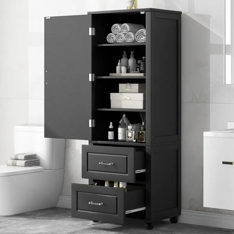 Freestanding Tall Bathroom Storage Cabinet with 2 Drawers and Adjustable Shelf, MDF Board with Painted Finish, Black