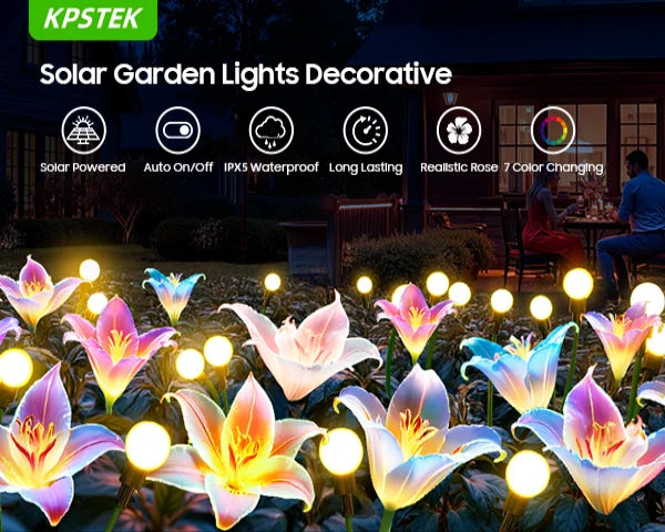 2/4 Pack Solar Lights: Realistic Lilies & Fireflies, 7 Colors for Patio/Garden/Events/Holidays, Outdoor Decor Gift