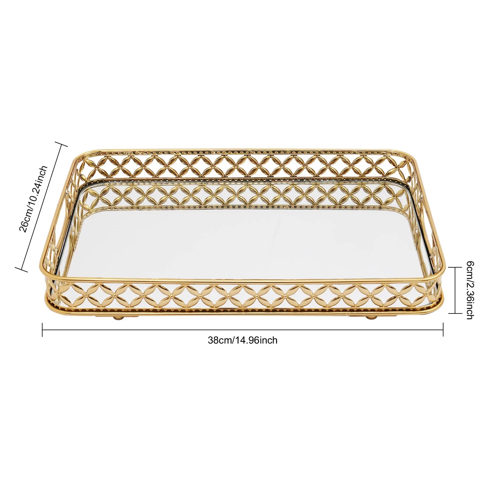 Rectangle Gold Decorative Tray Mirror Tray, Tabletop Decoration Tray with Handles for  Dresser, Bedroom, Cafe, Closet, Bar