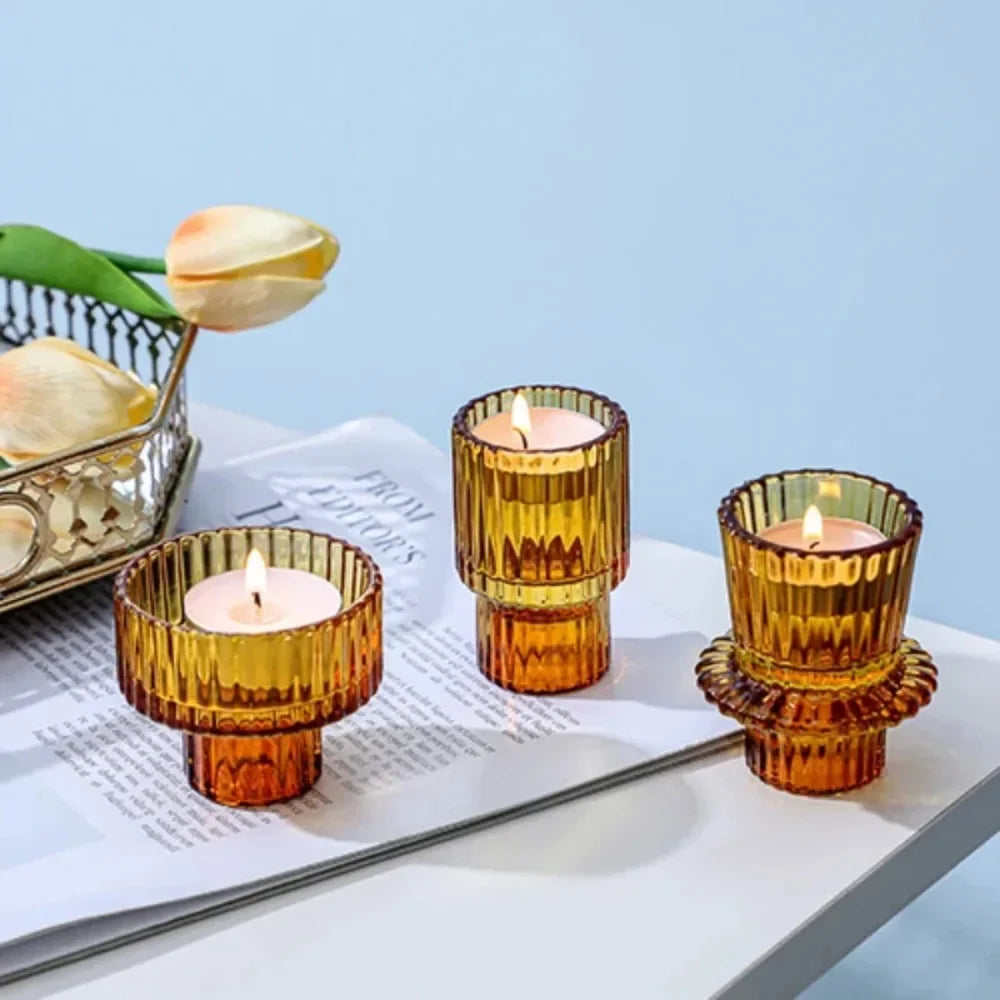 Glass Taper Candle Holder Short Small Boho Ribbed Votive Candlestick Holder for Table Centerpiece Wedding Decor and Dinner Party