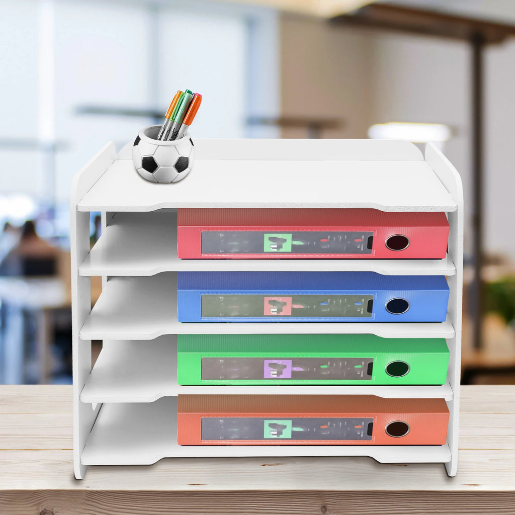 5 Tier PVC Wood-Plastic Desktop Organizer Letter Tray File Rack Stationery Holder Office Desk Storage Shelf with Round Corner